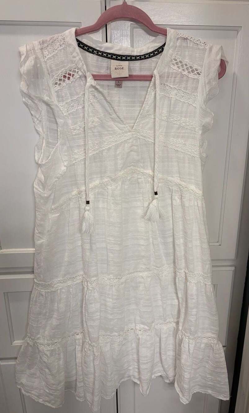 Knox Rose White Textured Tiered Large Dress Lace Detail/ Tassels Cottagecore